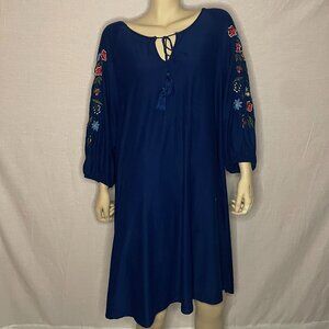 Allison Brittney Navy Long Sleeve Dress W/ Floral Embroidery Size 3XL